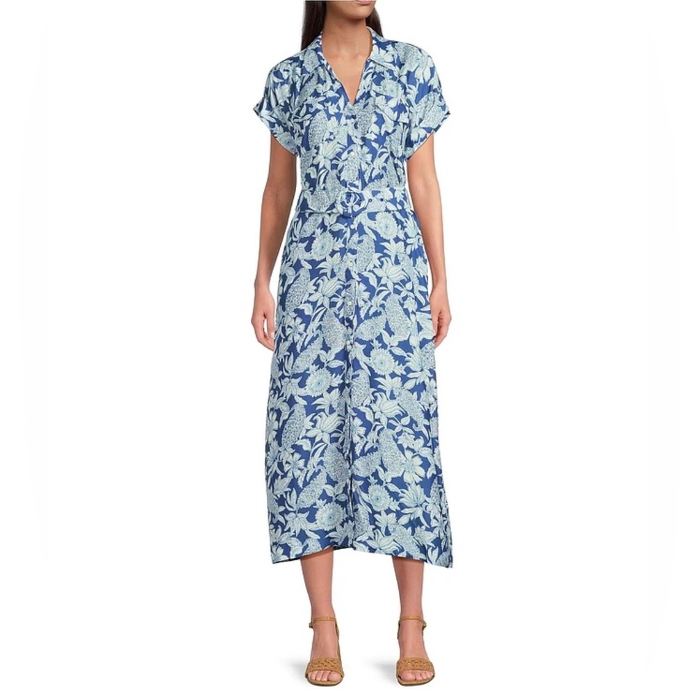 J. McLaughlin Navy and Light Blue Floral Button-Front Top with Belt